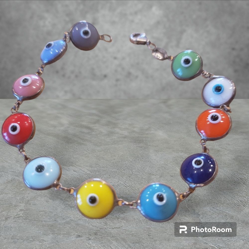 Evil Eye Bracelet. Stamped 925. Blue Yellow Red White multi colored glass.